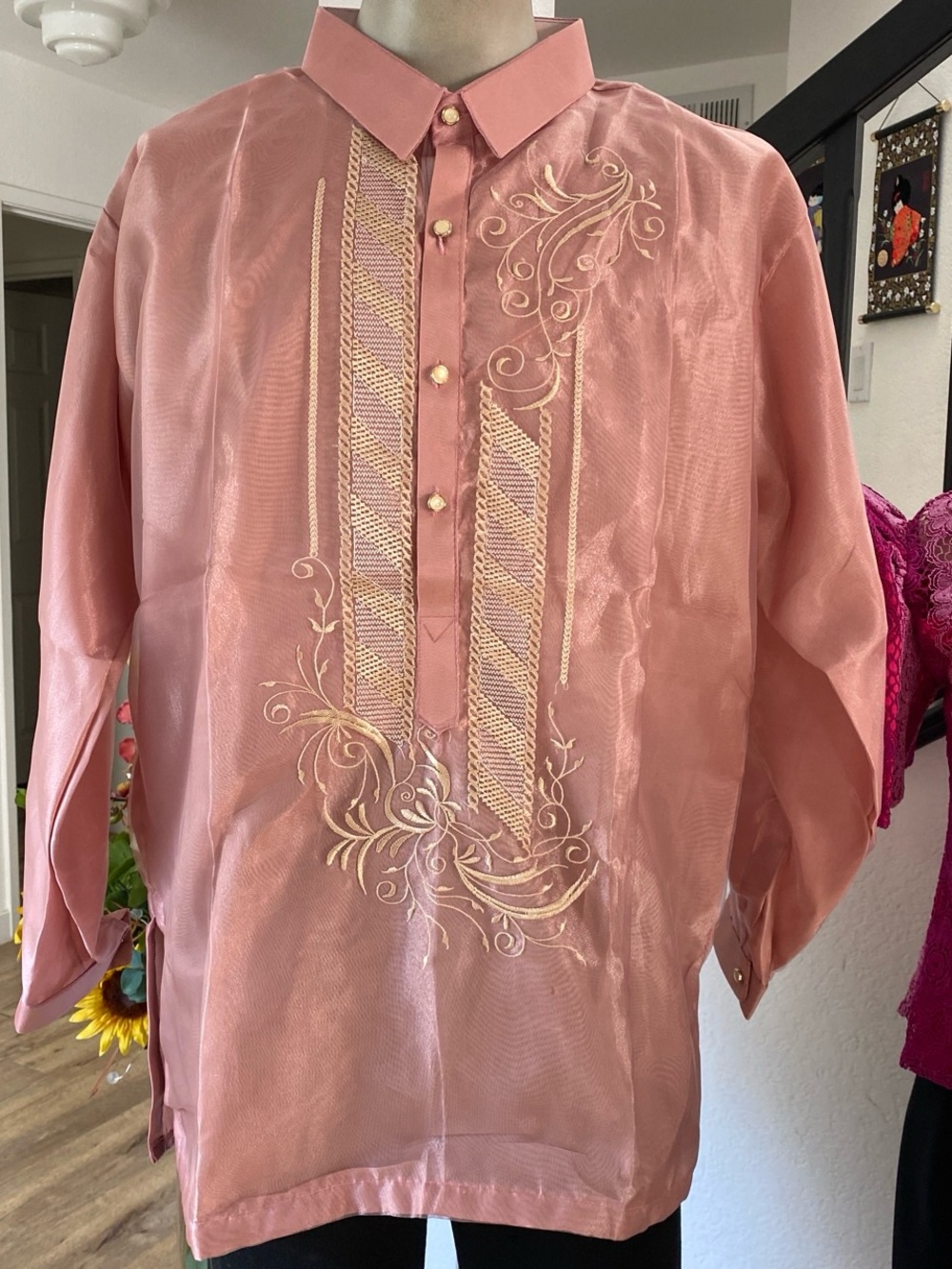 Embroidered Barong Tagalog Shirt in Dusty Rose